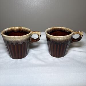 VTG Monmouth Brown Pottery Ribbed Stoneware Drip Mug Set Of 2 USA Maple Leaf